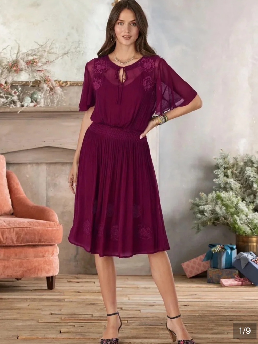 NWT Sundance Arolyn Sheer Embroidered Dress in Maroon